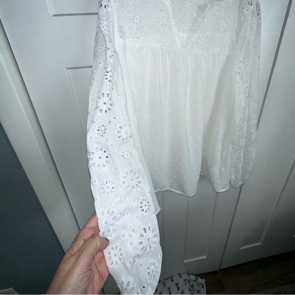 Women's White Eyelet and Polka Dot Long Sleeve Blouse - Large - Picture 2 of 7